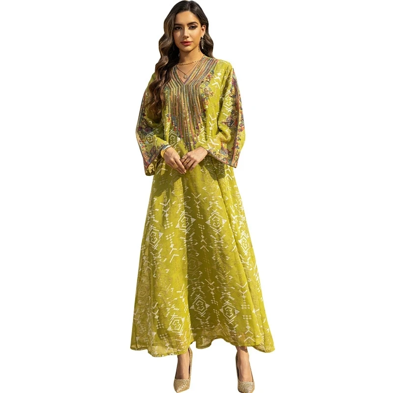 Middle East Ramadan Islamic Muslim Jalabiya Mesh Embroidered Evening Dress Patchwork Dress Luxury Fashion Saudi Arabian Robe