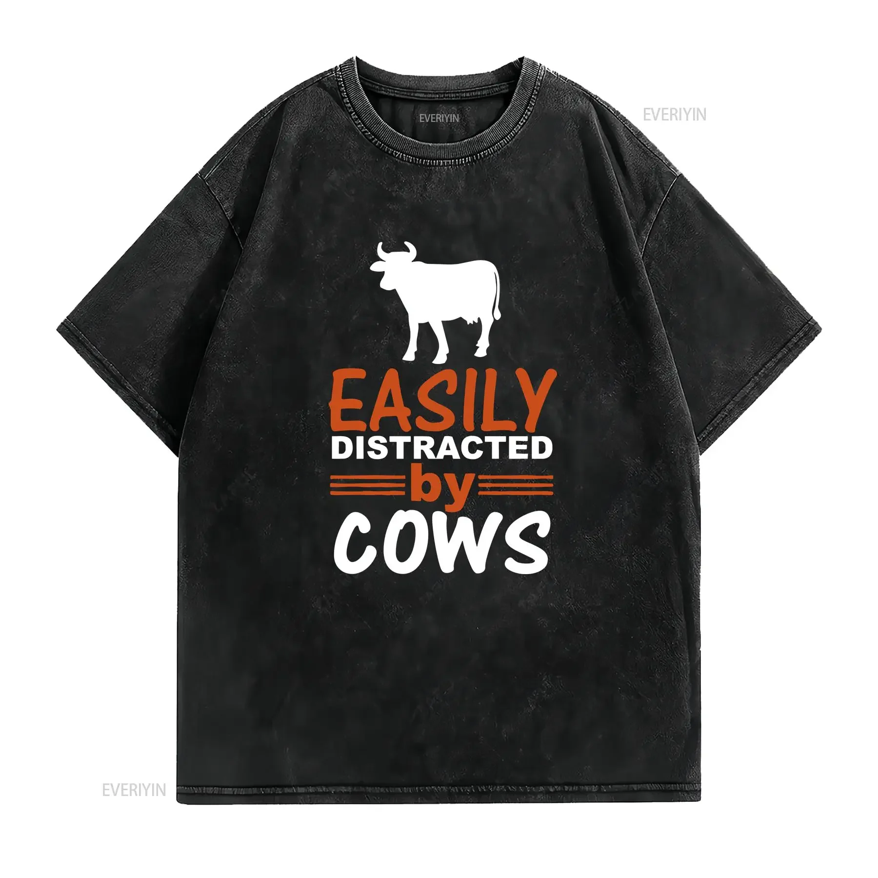 Easily Distracted by Cows T Shirt 100 Cotton Premium vintage Washed Slightly Versatile Top For Everyday Wear Casual Breathable