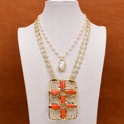 GG 2 Rows White Pearl Chain Coin Zirconia Chain Necklace Keshi Pearl Charm Double Coral Crucifix Pendant