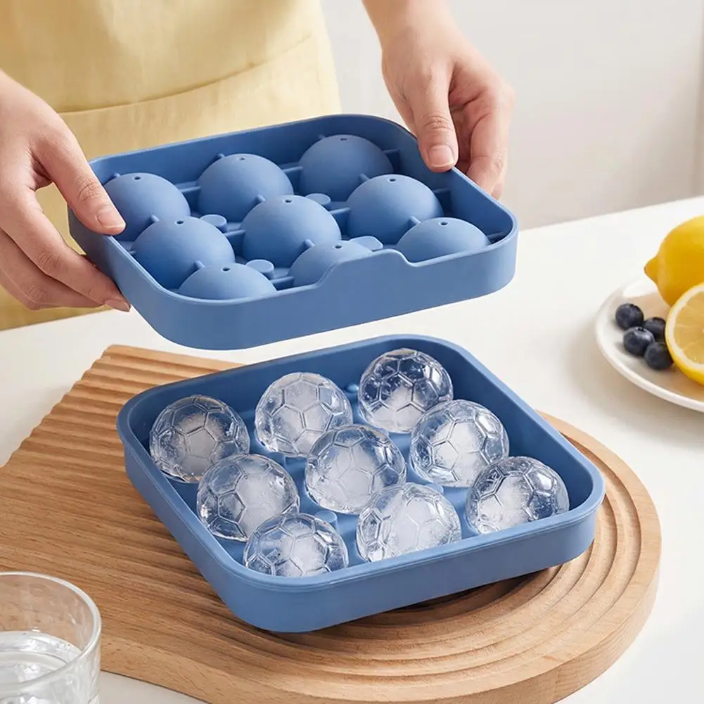 9 Grid Soccer Ball Silicone Ice Cube Tray, 3D Football Shape Ice Mold with Lid, Reusable Ice Ball Maker for Whiskey Cocktail