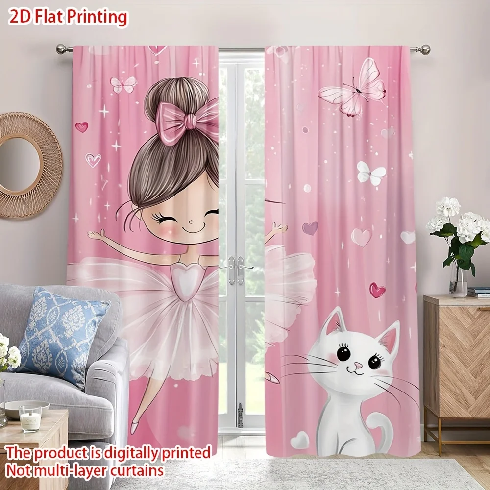 Sweet Ballerina Blackout Rod Pocket Curtain Pink Ballet Girl White Cat Butterfly Heart Glitter Print Cute Kids Living Bedroom