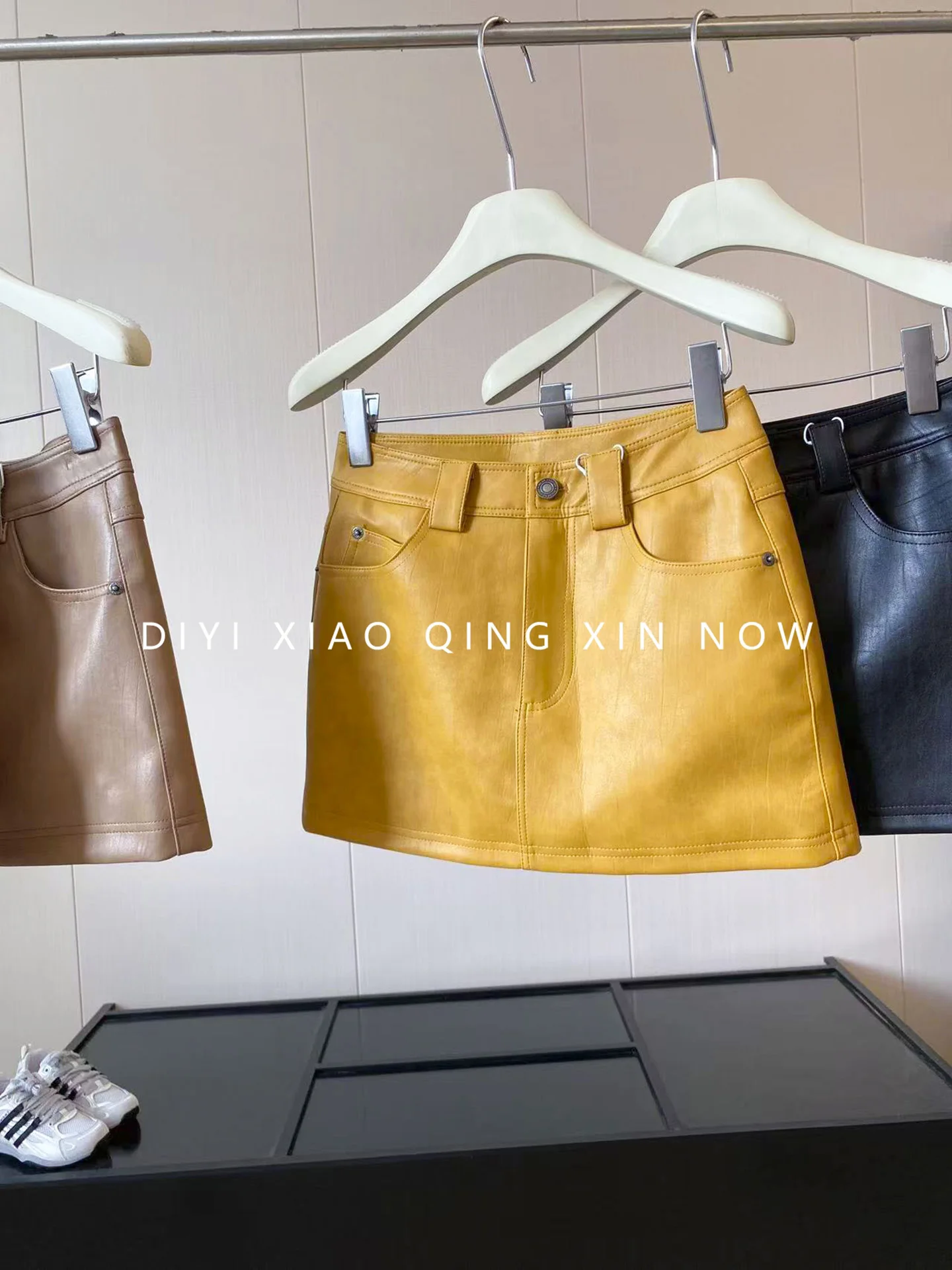 High Waist Yellow PU Leather  Skirt Women's A-Line Inner  Short Skirt Pants Autumn Winter New Style Slim Fit