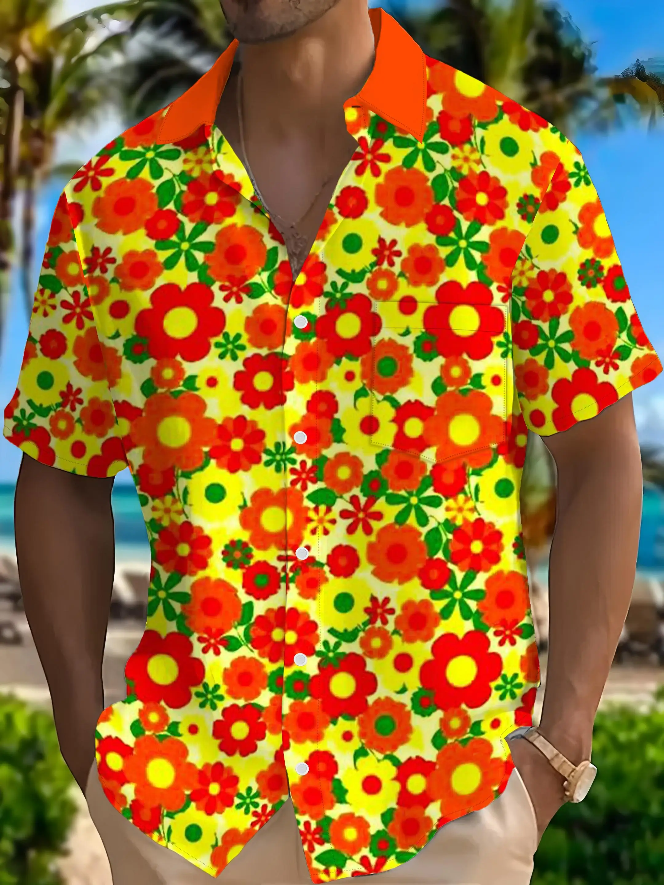 Men's Shirt Retro Floral All Over Print Short Sleeve Turn Down Collar Summer Beach Holiday Loose Trendy Mens Clothing