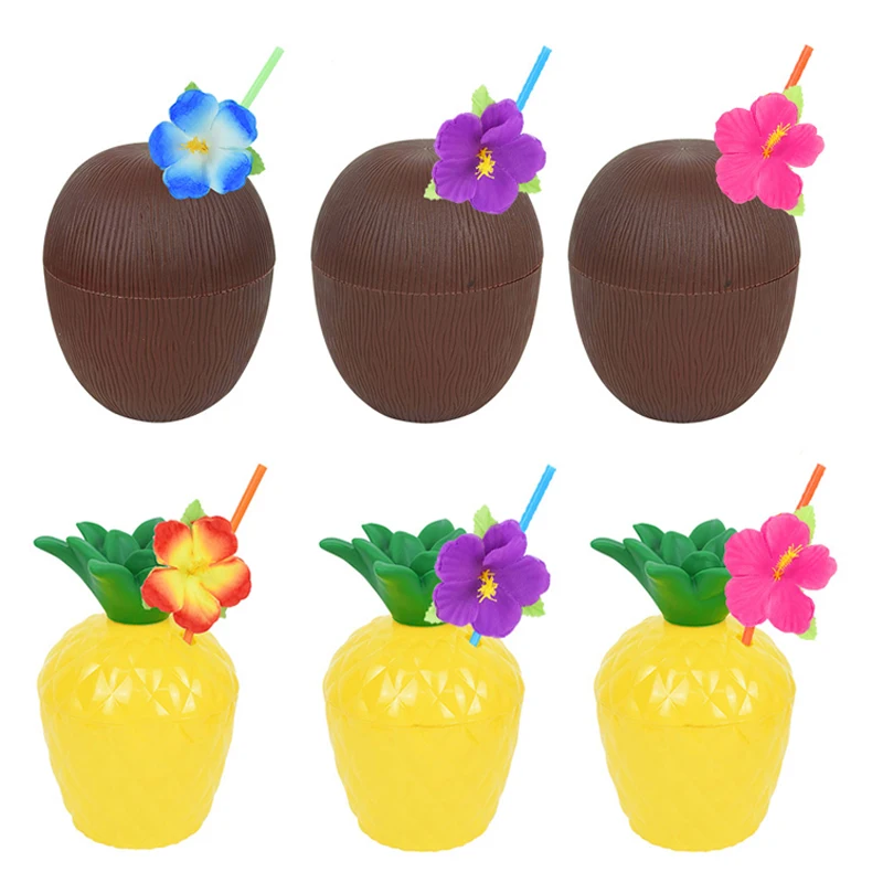 Hawaiianische tropische Ananas Kokosnuss Trinkbecher Kunststoff Saftbecher Sommer Strand Hawaii Aloha Luau Geburtstag Party Dekorationen