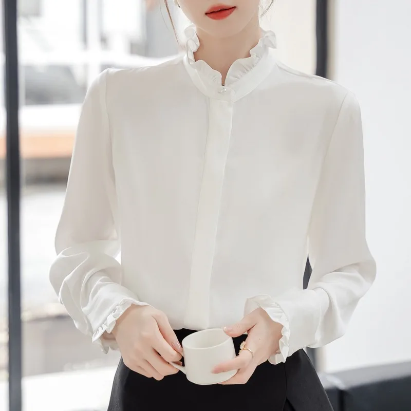 

Casual Women's Blouses Chiffon Solid Vintage Shirts Fashion Loose O-Neck Spring/Summer Clothing Long Sleeve Ruffles Women Tops