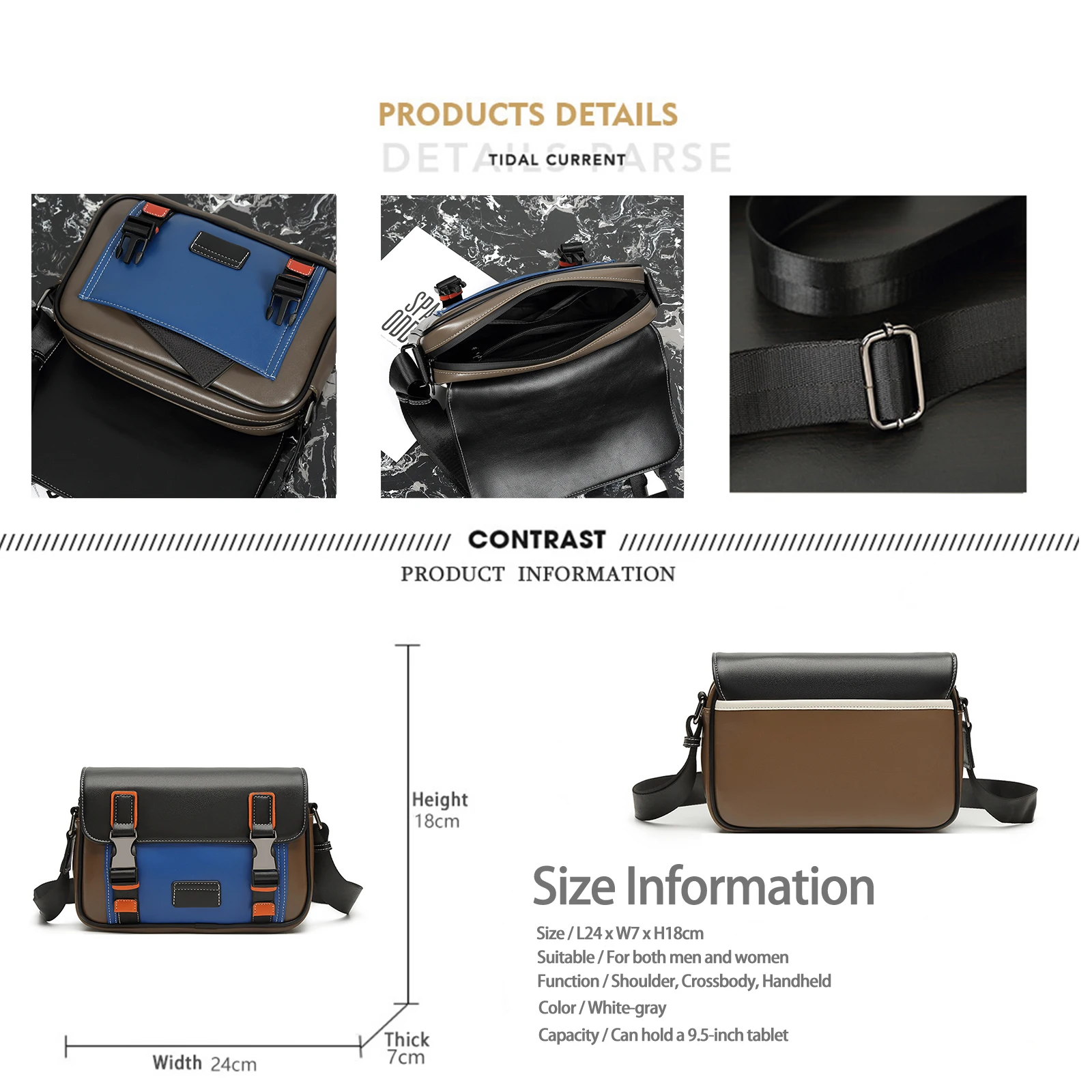 Men\'s Splicing Square Leather Shoulder Bag Fashion Casual Style Waterproof Splash Tablet Messenger Bag Adjustable shoulder Strap