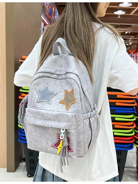Girls Color Block Star Patch Backpack Large Capacity Casual Student School Bookbag with Star Charm Pendant