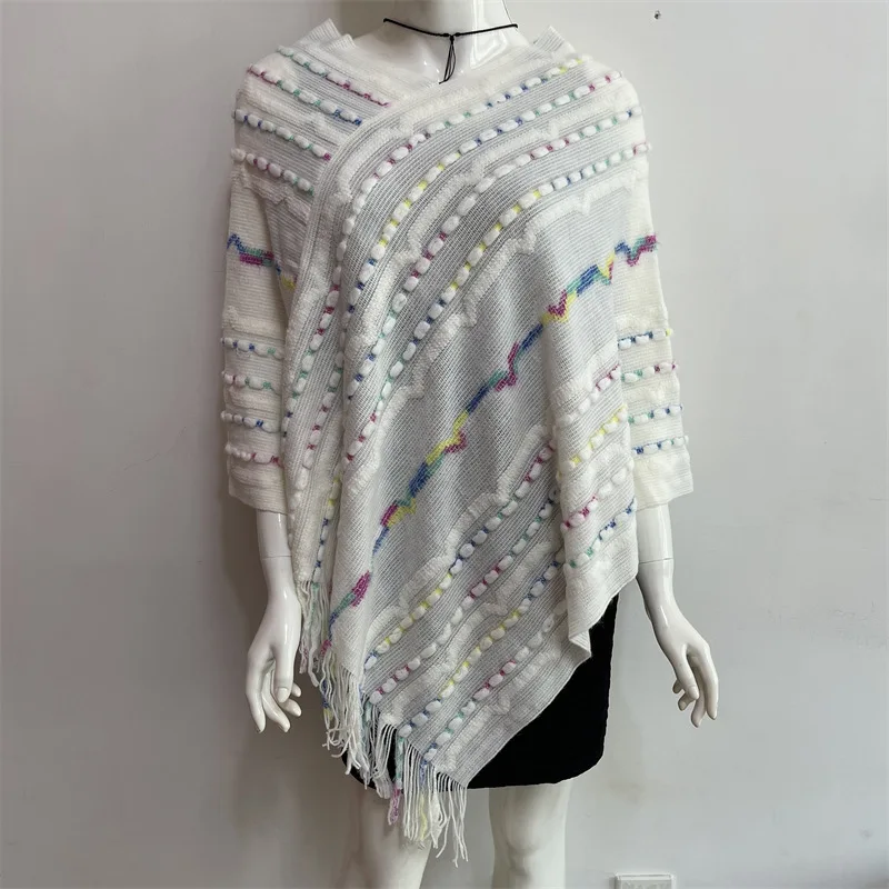 

2022 Spring Autumn New Women Wear European American Tassel Pullover Cloak National Style Lady Shawl Sweater Scarf White