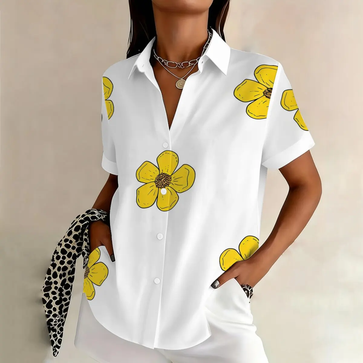 

Fresh and simple yellow flower print lapel short sleeved shirt for women in summer, casual and fashionable daily versatile top