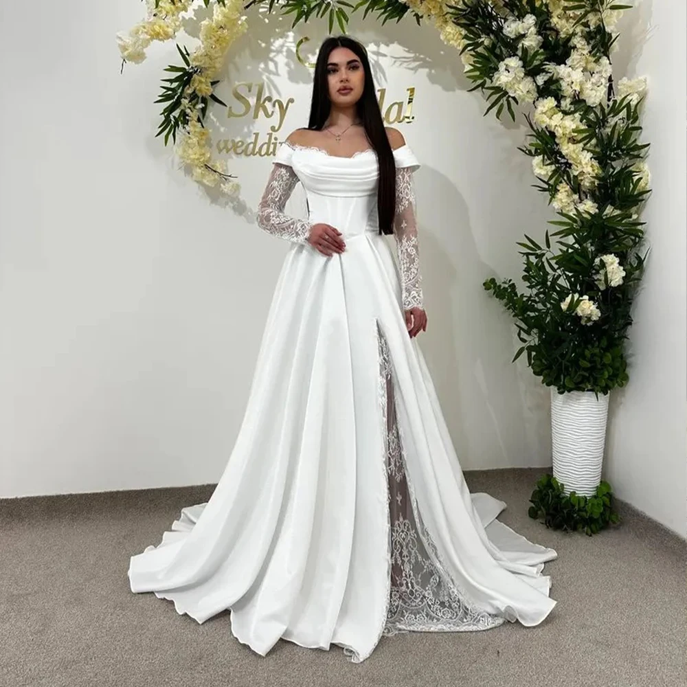 

Elegant Wedding Dresses Off Shoulder Lace Sleeve Slit Bride Dress A-Line White Satin Bridal Gown Customized vestidos de novia