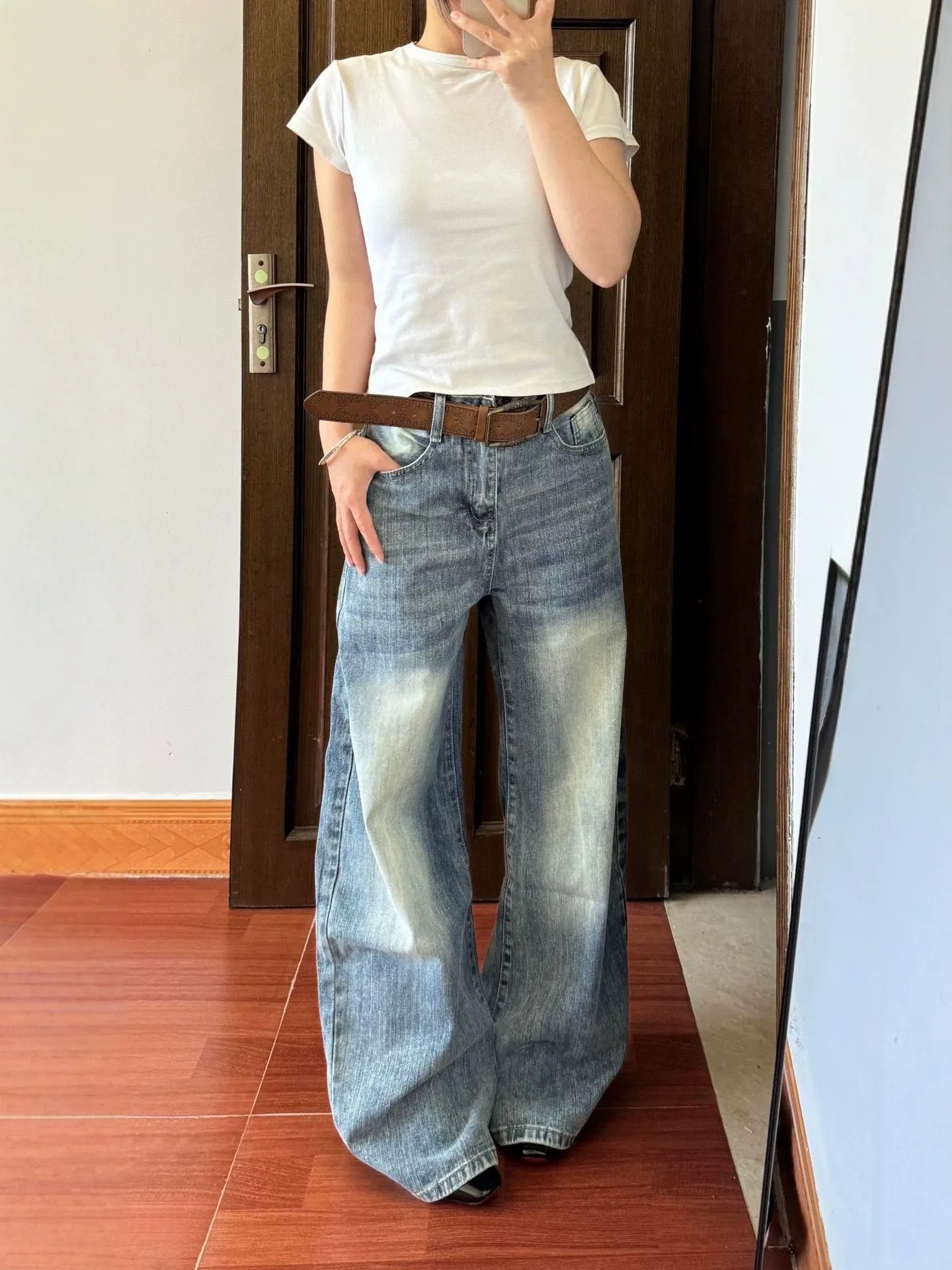 High Waist Wide Leg Denim Jeans Women's Autumn Design Washed Bamboo Texture Loose Fit Slimming Long Pants plus Size