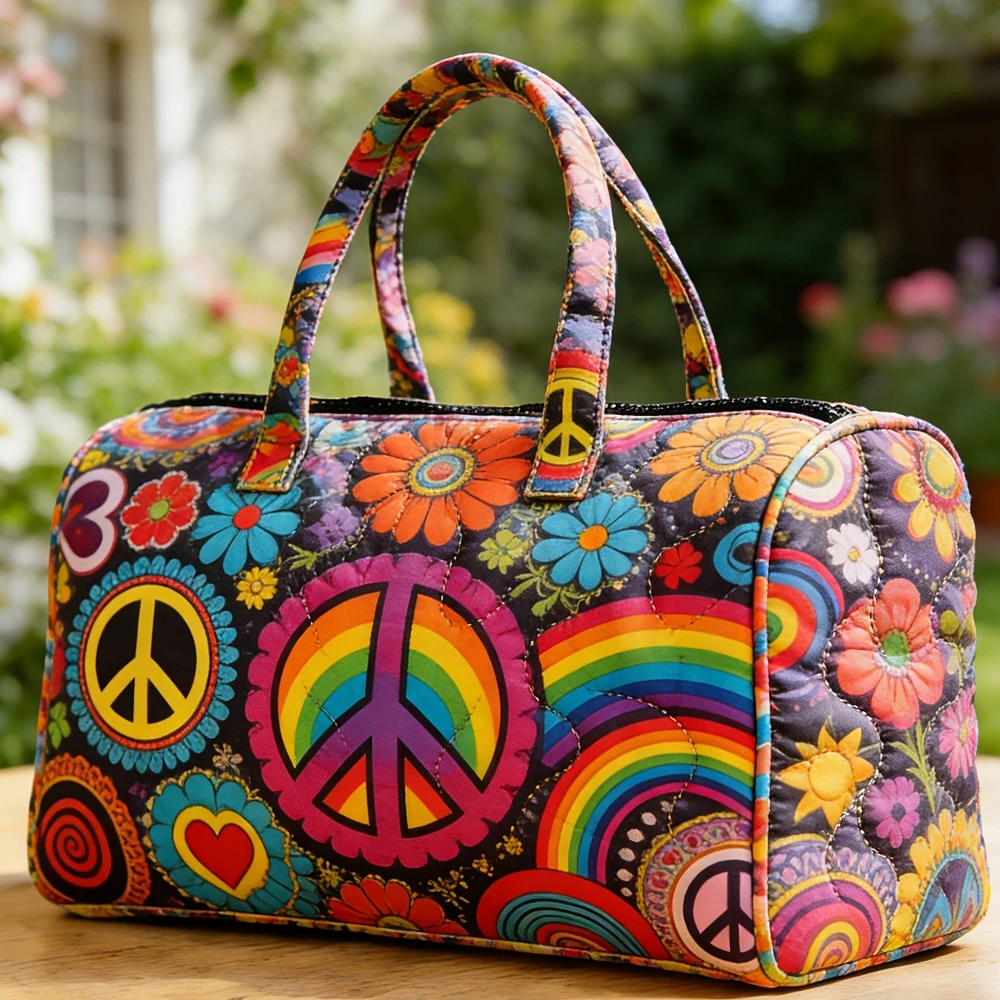 

Rainbow Peace Sign Quilted Duffle Bag Boho Hippie Floral Travel Tote HandBag Women Men Weekender Bags