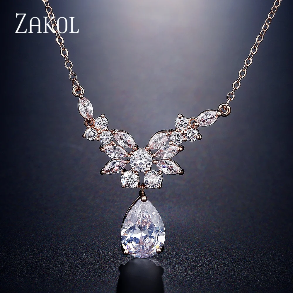 ZAKOL Elegant Temperament Pendant Style Cubic Zircon Women's Necklace Bride Banquet Shiny Charming Fashion Jewelry Gifts