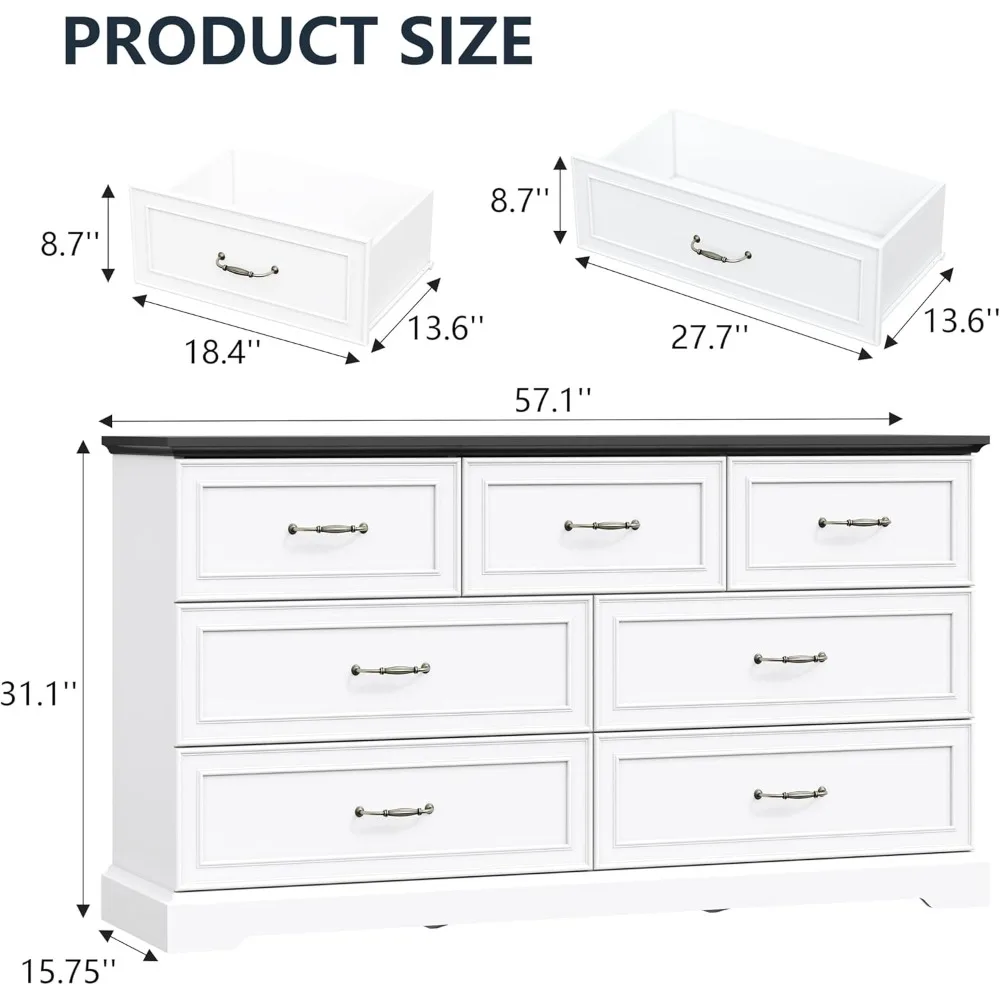 خزانة ذات 7 أدراج خشبية واسعة على طراز المزرعة الريفية مع مساحة تخزين كبيرة ومقابض معدنية