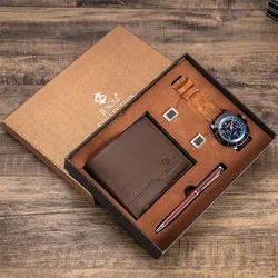 Men Gift Business Luxury Company Mens Set 6 in 1 Watch Wallet Pen Brooch Purse Welcome Holiday Birthday A4367