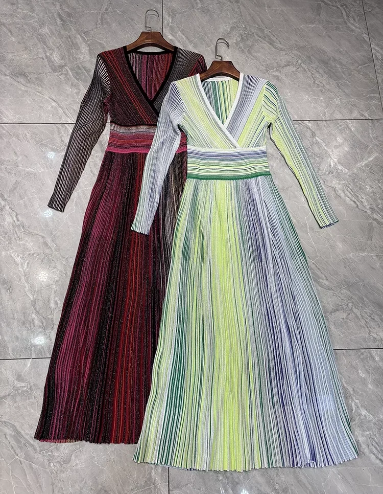 

2 Colors Women Knitted Maxi Dress Sequined Striped Elastic Waist V-Neck Long Sleeve Vintage Female Robe