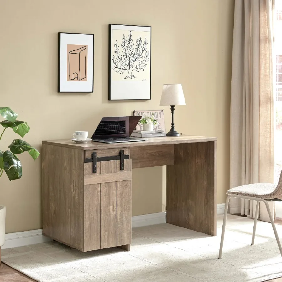 92205 Home Office Desk Hazelnut One Cabinet Three Shelves Faux Barn Door on Metal Euro Hinges Modesty Panel