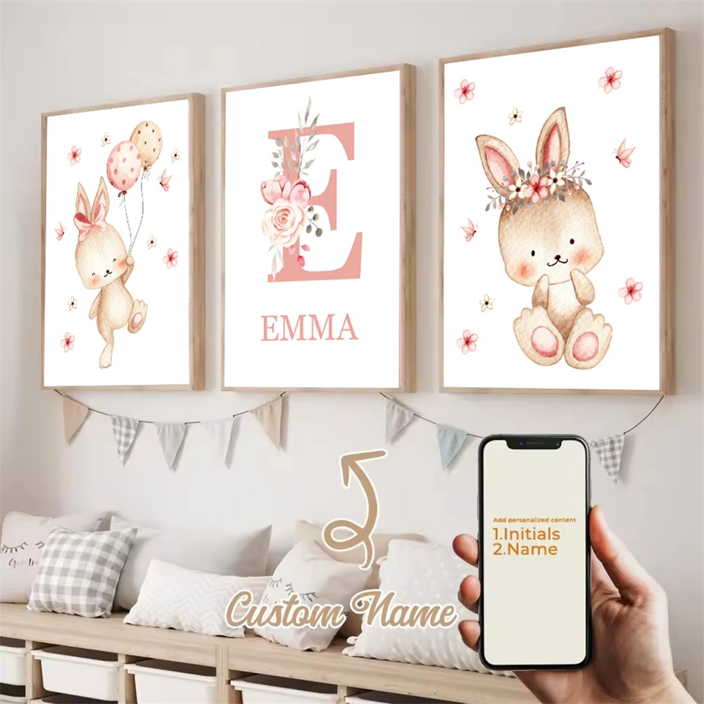 

Baby Custom Name Canvas Posters Pink Floral Butterfly Balloon Rabbit Wall Art Print Nursery Painting Pictures Girls Room Decor