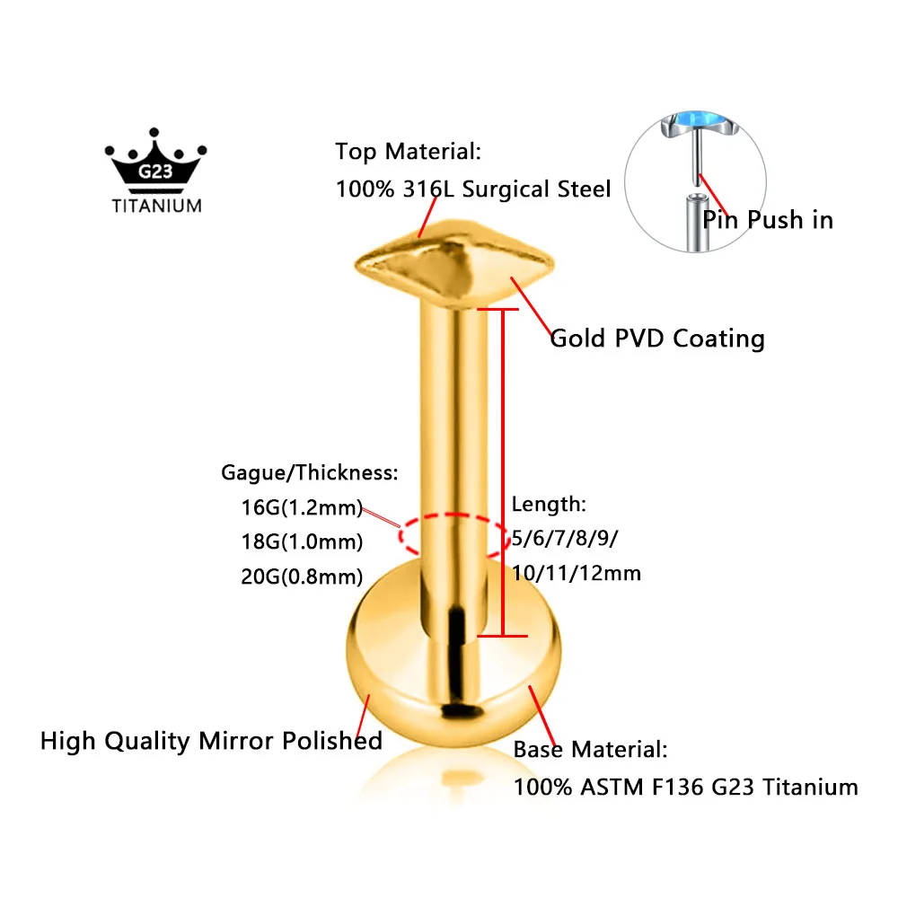 ASTM F136 G23 Titanium Smooth Rhombus Threadless Piercing Pin Push in Lip Stud Daith Conch Tragus Flat Back Earring 16G 18G 20G