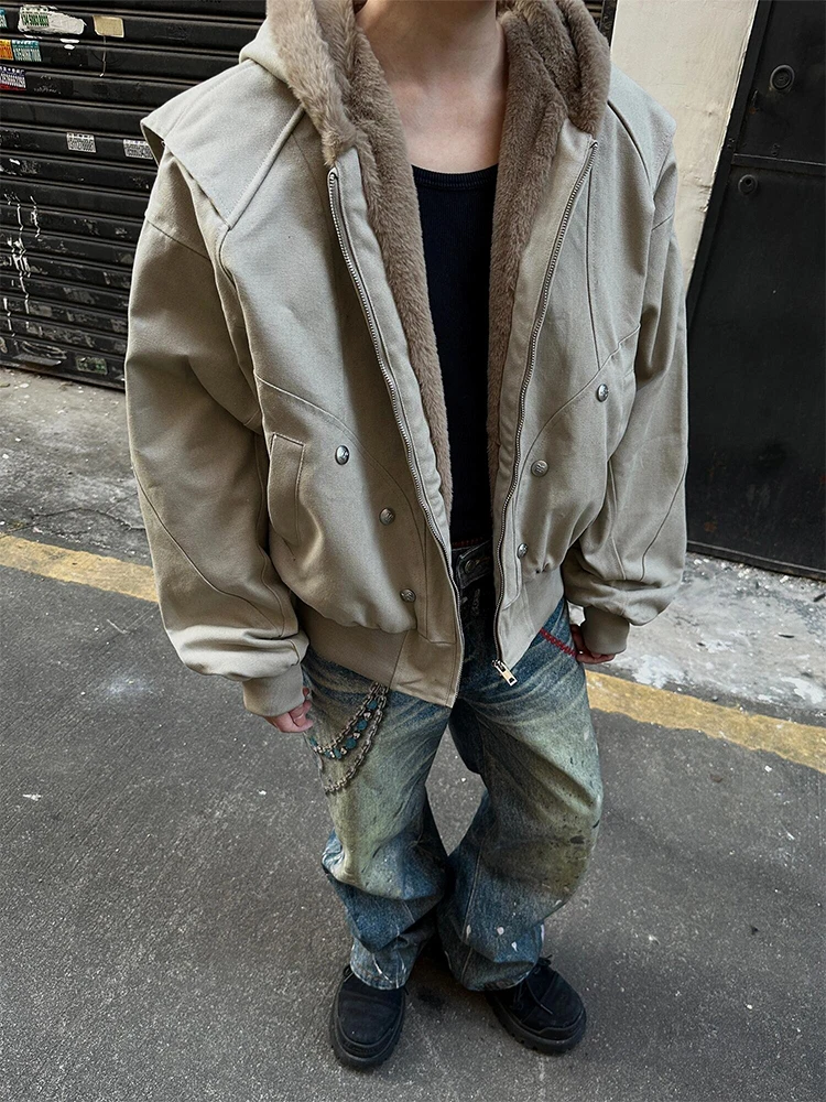 

Khaki Fce-Lined Hooded Jaet Men's Winter Warm Trendy Streetwear Cotton Coat Youth ular Loose Fit Long Sve Zipper