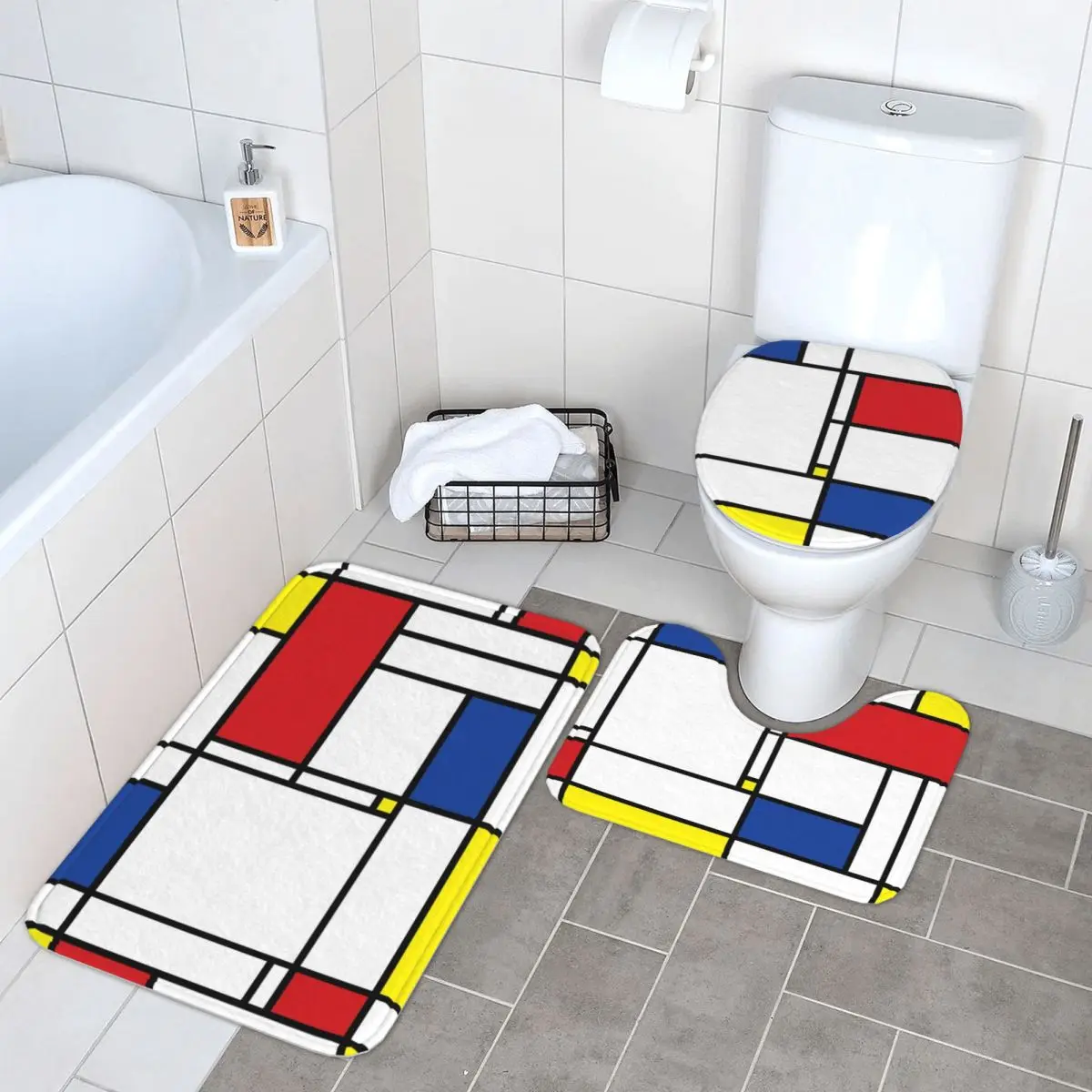 

Mondrian Minimalist De Stijl Современное искусство Fatfatin 3 шт. Коврик для ванной Набор для ванной комнаты Крышка для унитаза Домашний декор Ковер Напольный ковер