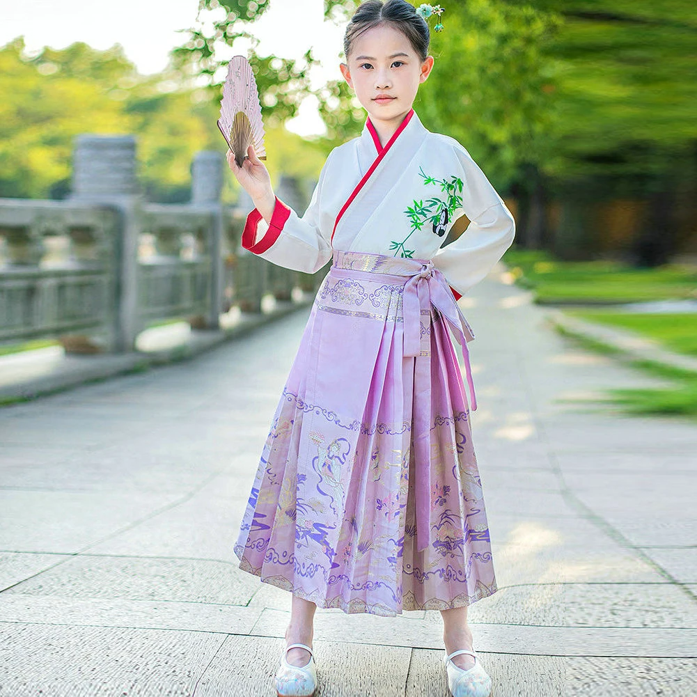 Vêtements traditionnels chinois pour filles, haut blanc et jupe mamans violets, ensemble 2 pièces imbibé, Hanfu Twinset, princesse des Prairies