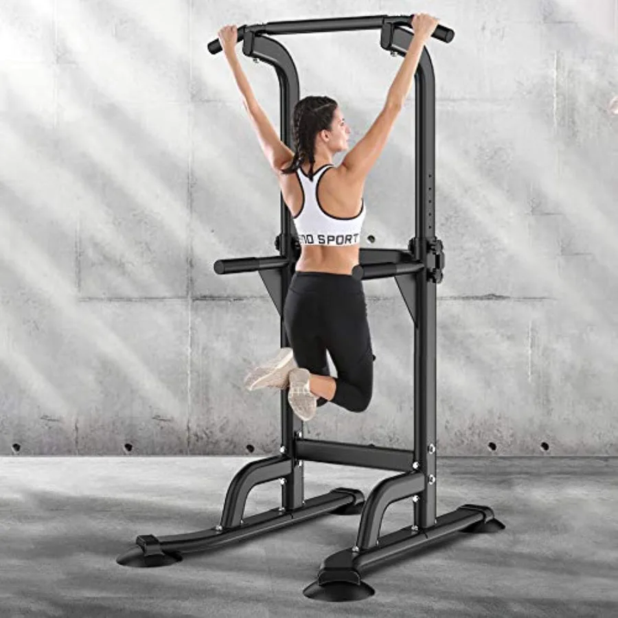 

Home gym dip station and pull up bar with adjustable height, steel construction, black finish, space-saving foldable design