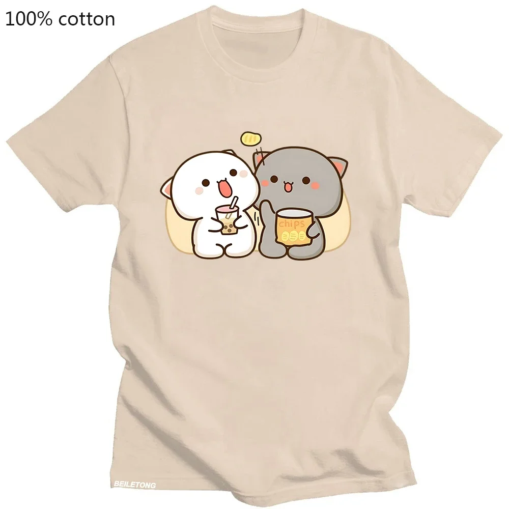 

100% Cotton T-shirt Kawaii Mochi Peach Cat Clothing Bubble Tea Graphic Tshirts Casual Summer Tees Camisetas De Muje Short Sleeve