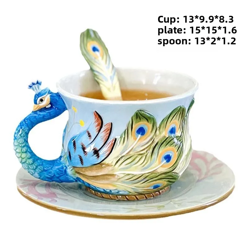 

European Ceramic Auspicious Peacock Flower Tea Cup Tray Set Exquisite Afternoon Tea Ceramic Coffee Cup Mugs Coffee Cups