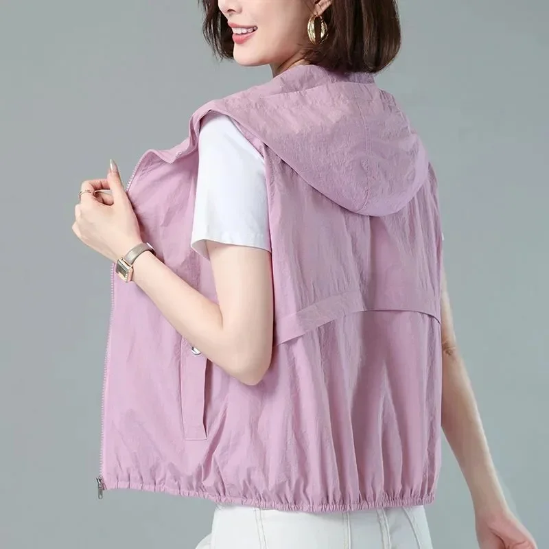 Chaleco de protección solar fino con capucha para Mujer, chaqueta corta sin mangas con cremallera, Tops informales, primavera y verano