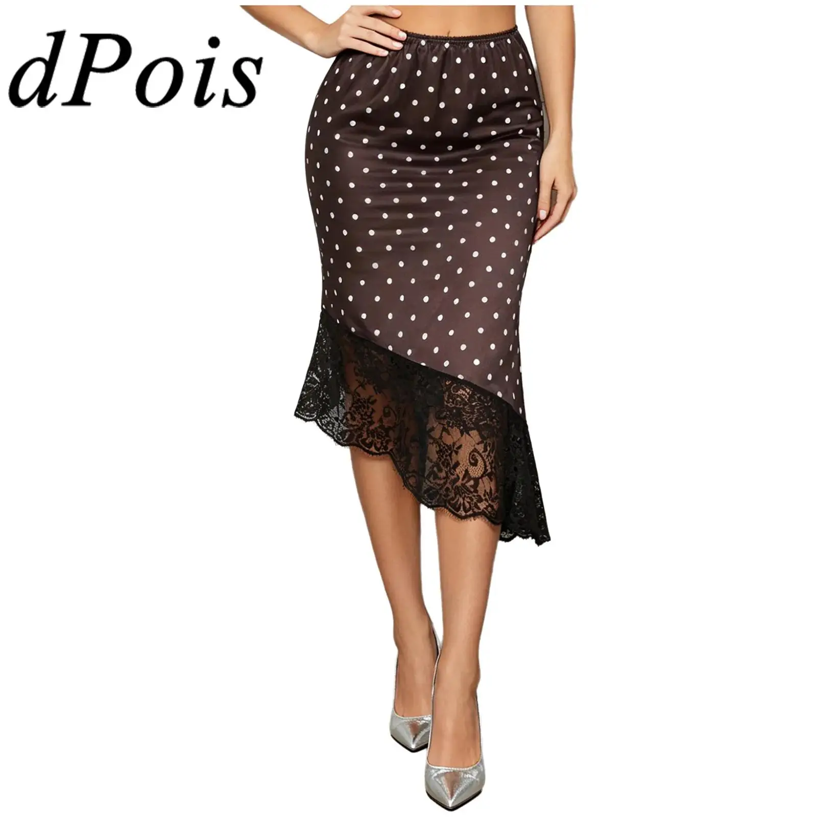 Women Polka Dot Print Satin Skirts Elegant High Waist Irregular Hem with Sheer Floral Lace Trim Skirt for Office Work Cocktails