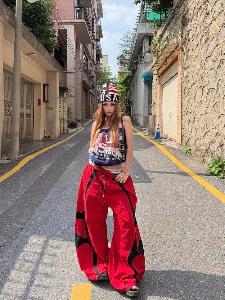 Women's American Dopamine Structural Color Block Wide Leg Long Pants Baggy Hip Hop Jazz Dance Streetwear 2026