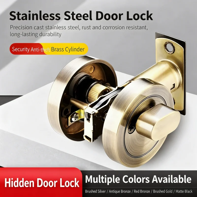 Invisible Door Lock, Indoor Wooden Door Round Lock, Single Double Sided Deadbolt Auxiliary Lock for Bedroom Passage