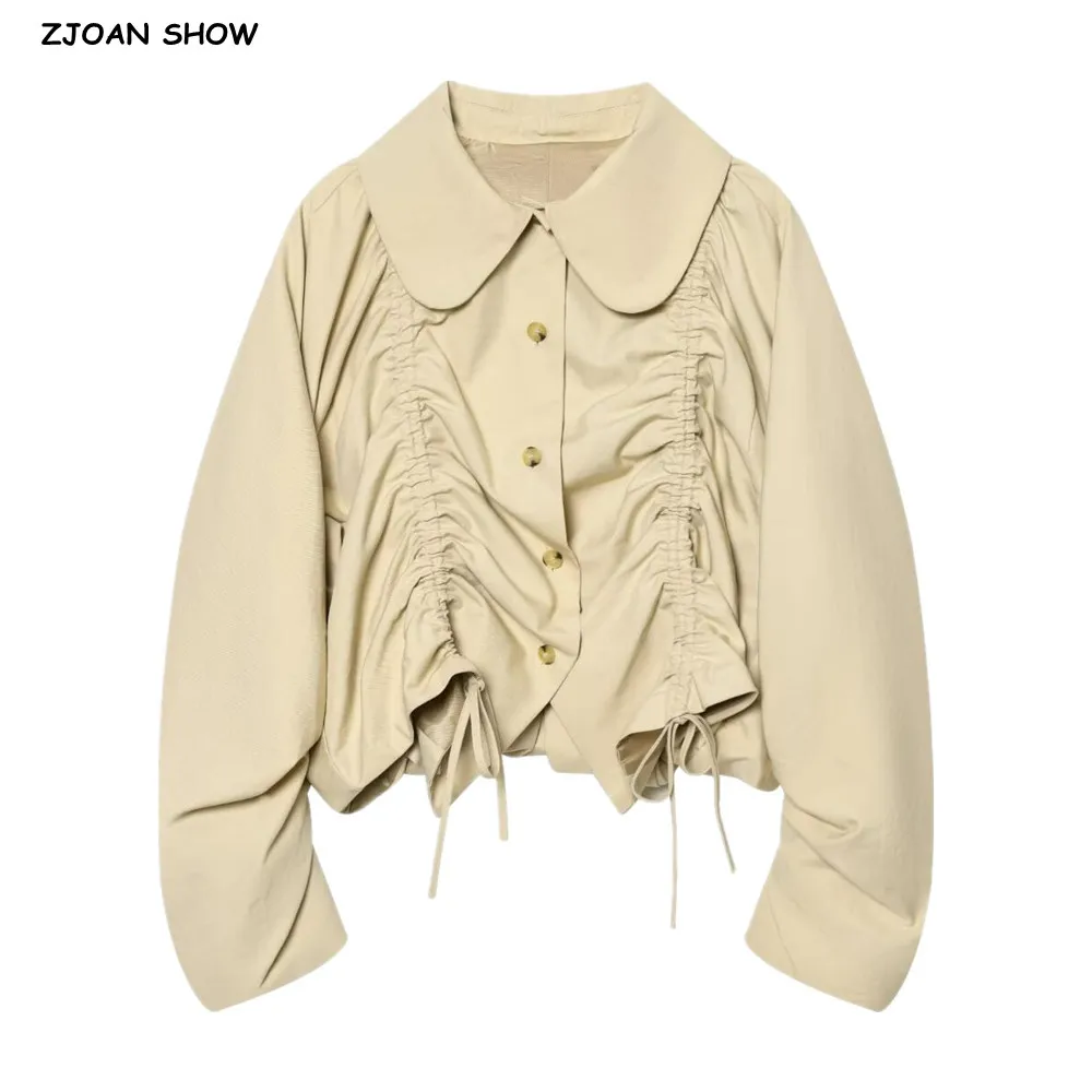 Spring Khaki Peter Pan Collar Safari Coat Single-breasted Buttons Raglan Sleeve Jacket Women Front Shirring BUD Loose Outerwear