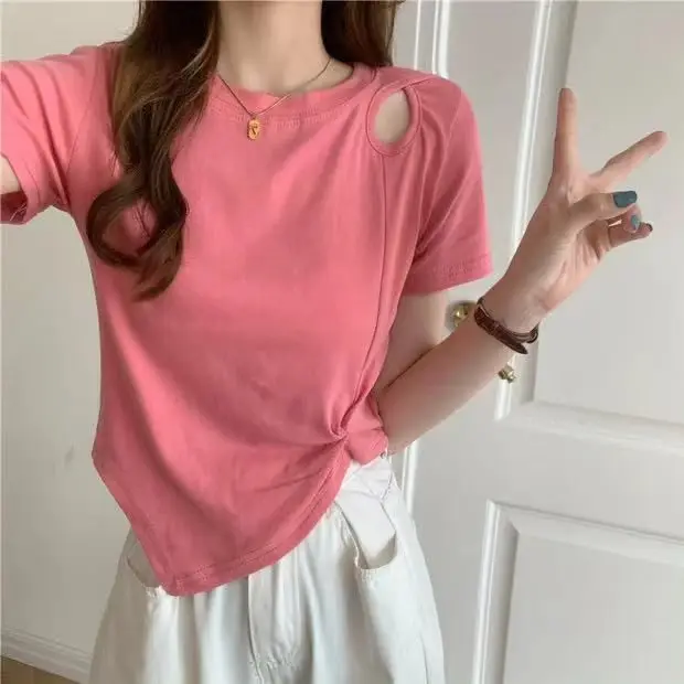 New Summer Fashion Y2K T-shirt Woman Hollow Out Sexy Crop Top High Waist Short Sleeve Tee Shirt Women Pleated Clothes Kpop