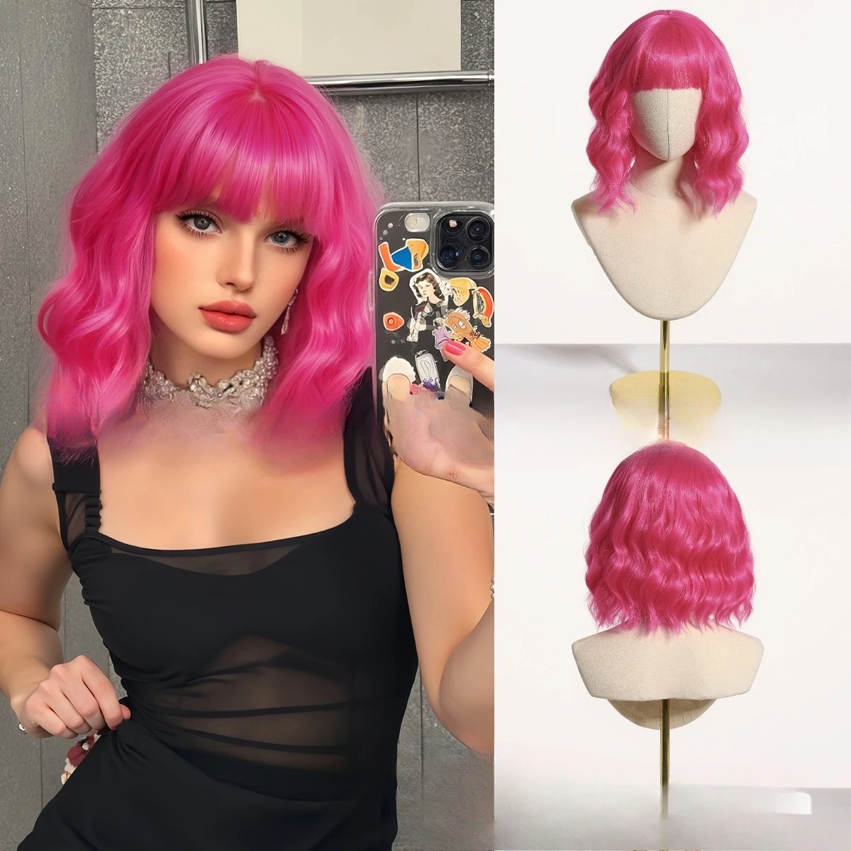 

Pink wig Qi bangs bobo short curly hair festive cos full headgear wigs