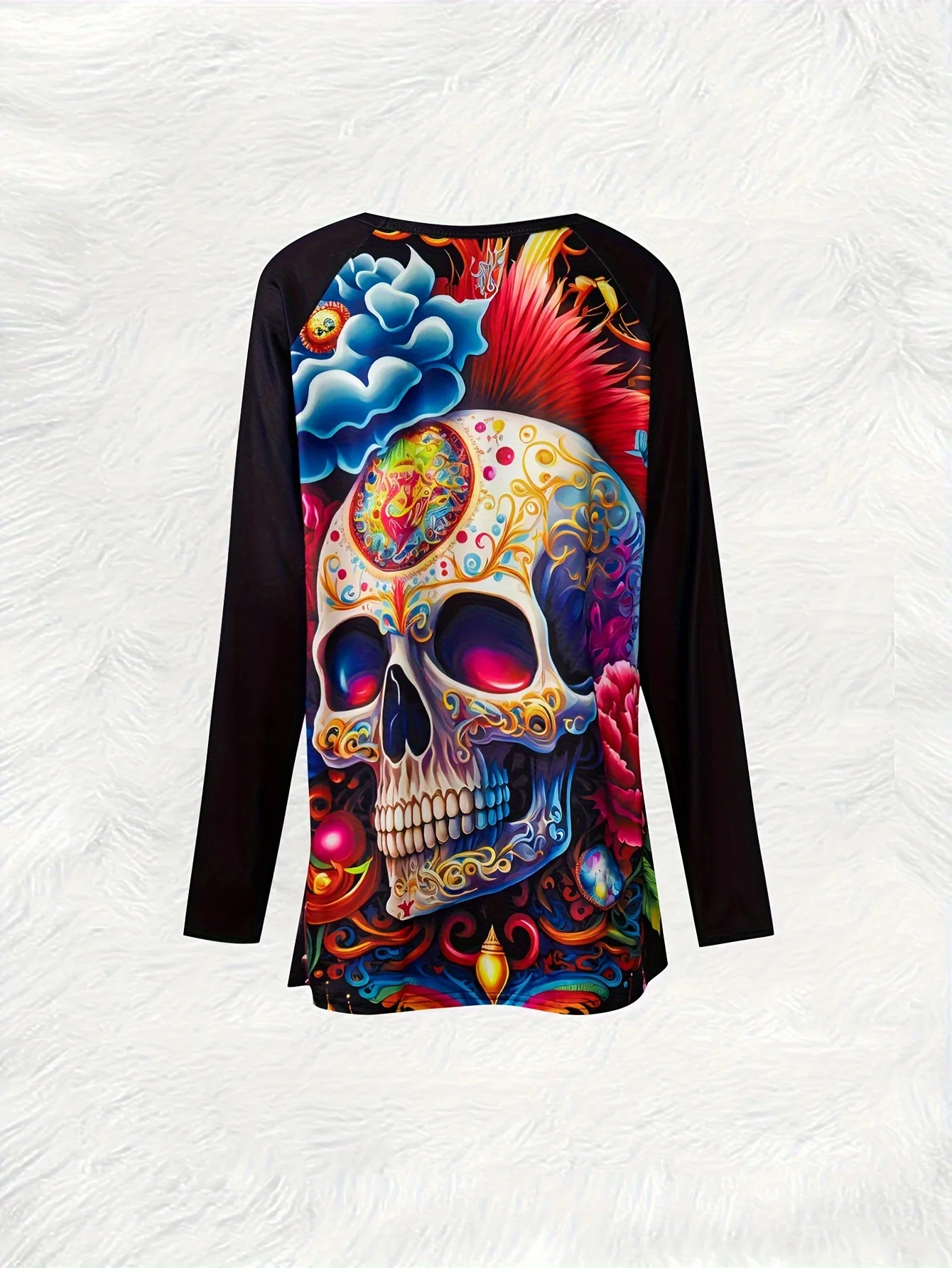 Printed Design Women's Vibrant Sugar Skull Floral Long Sleeve Curved Hem Top