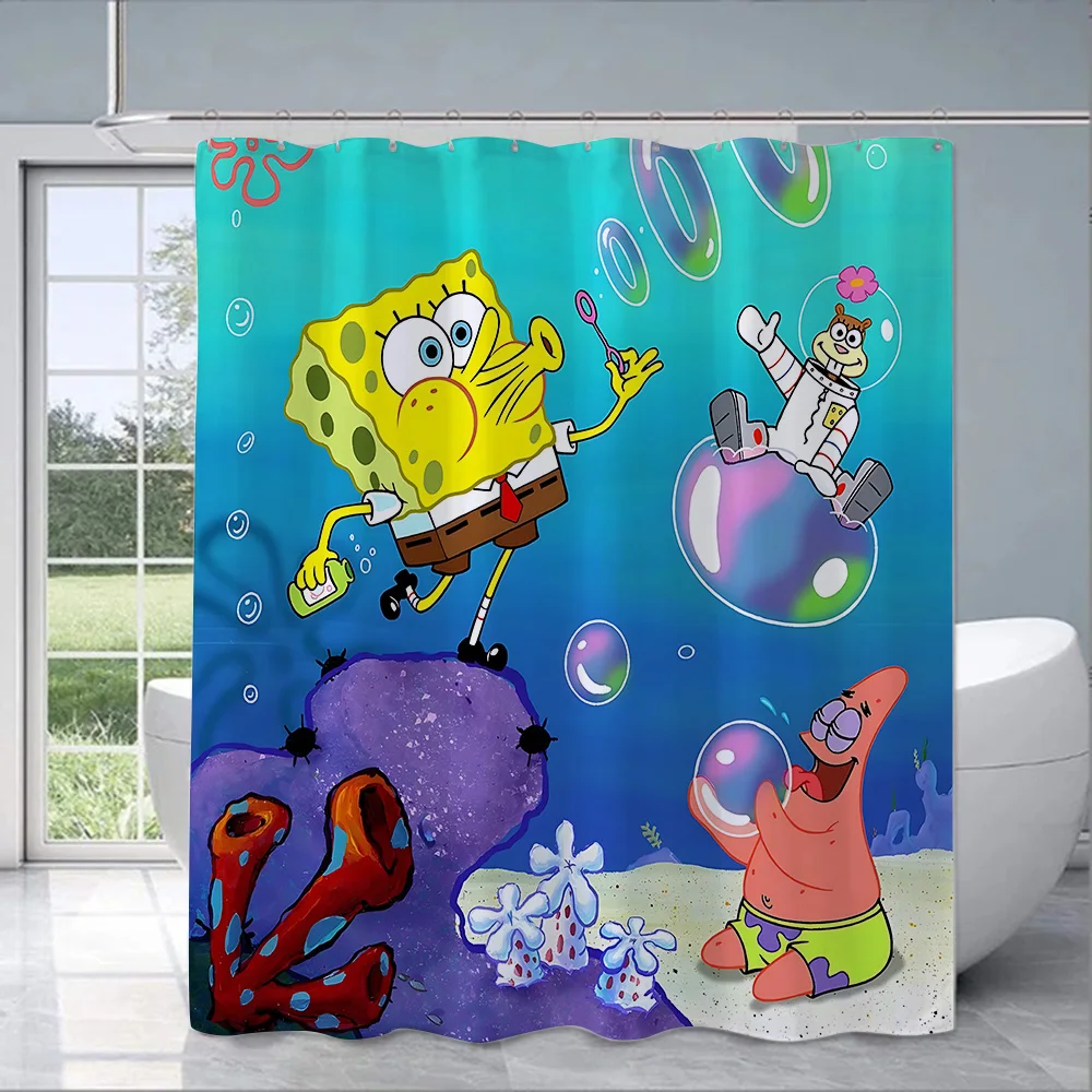 Funny Cartoon S-SpongeBob SquarePants  Shower Curtain Waterproof Polyester Fabric Paint Colorful Bath Curtains Curtain With Hook