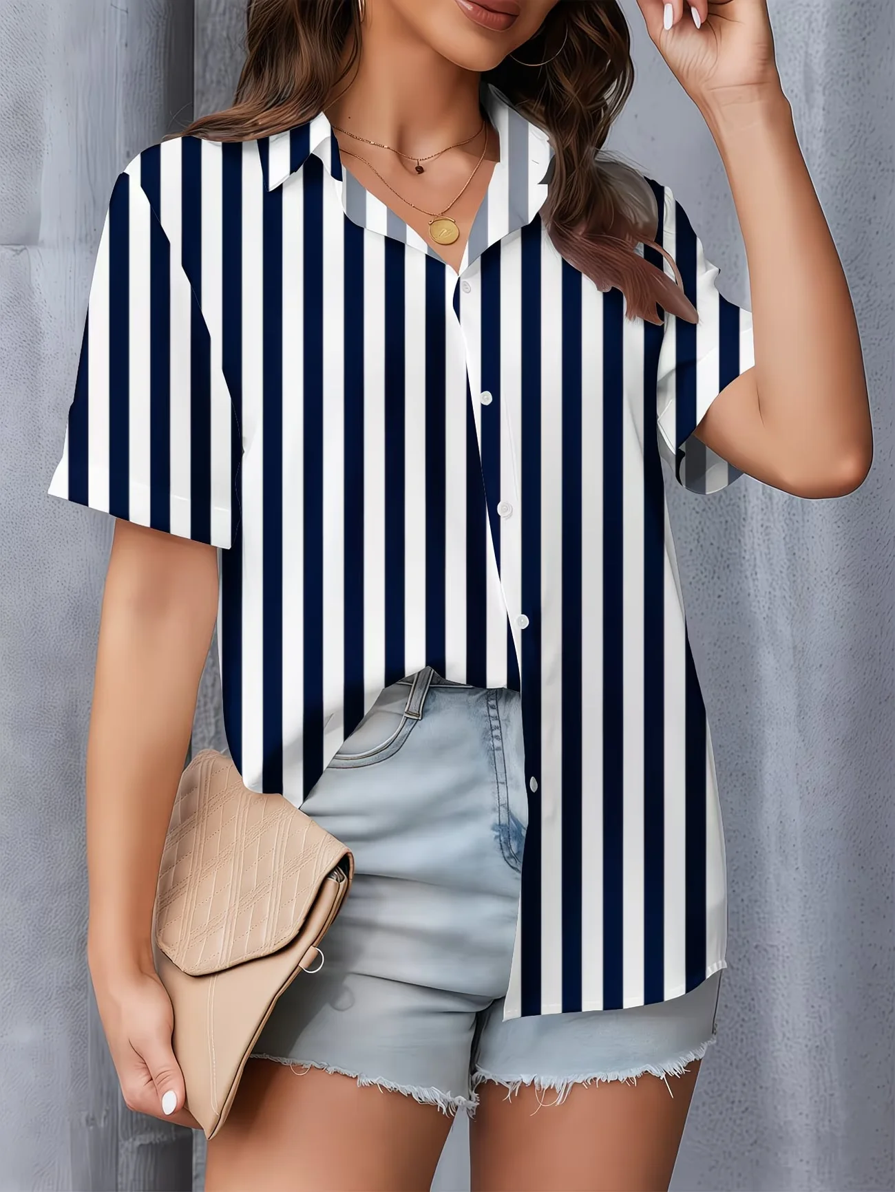 

women's lapel single-breasted short sleeve shirt Summer New Striped Print Blouses Tops Ladies Shirts