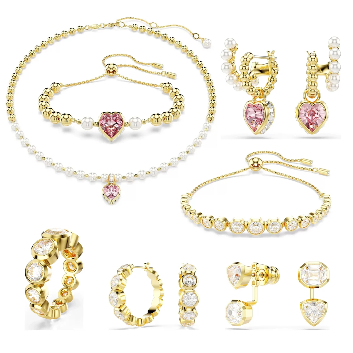 

Luxury Jewelry Pearl Necklace, Heart-shaped Bracelet, Heart-shaped Earrings, Ring, Women's Set, Romantic Christmas Gift