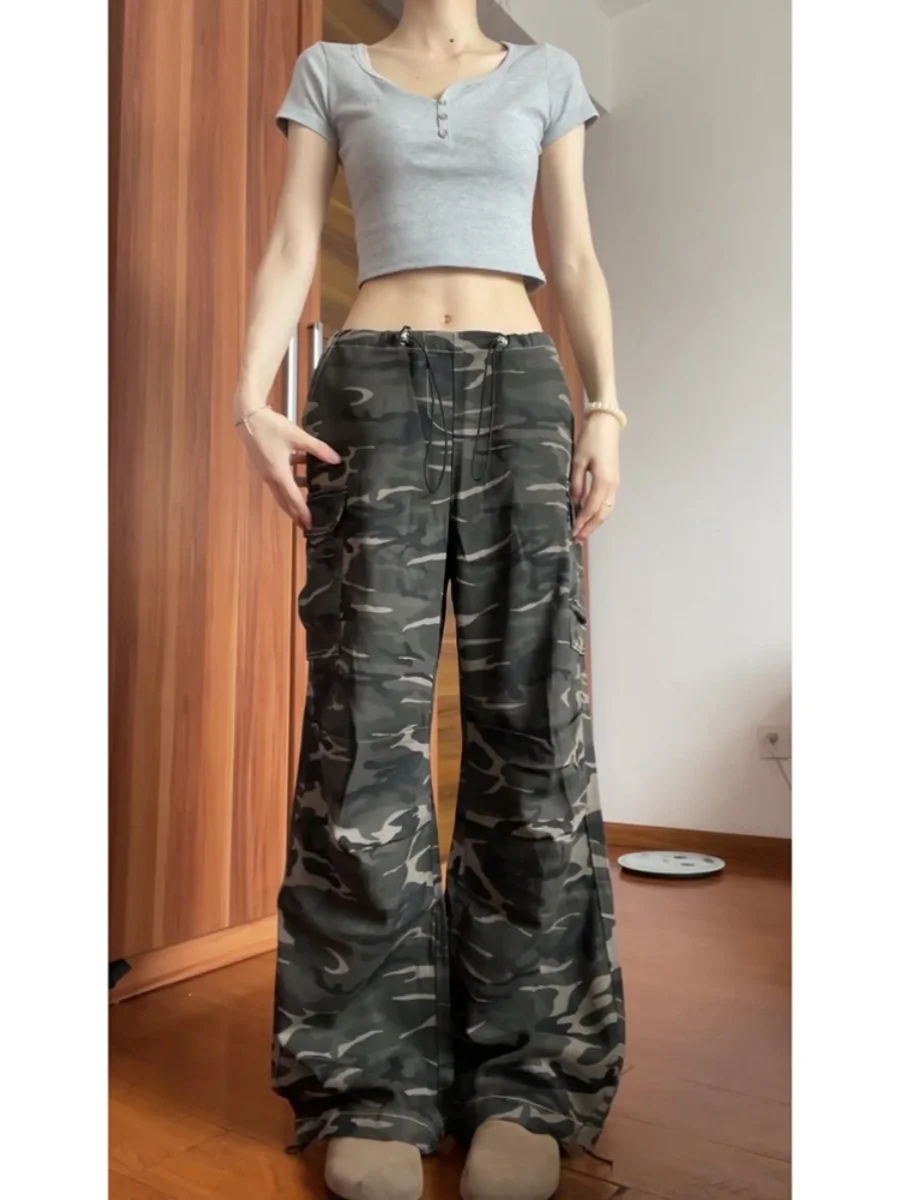 

Американские джинсы-карго с высокой талией и камуфляжным принтом, женские, осень 2024, новые, прямые, утягивающие, широкие брюки в пол