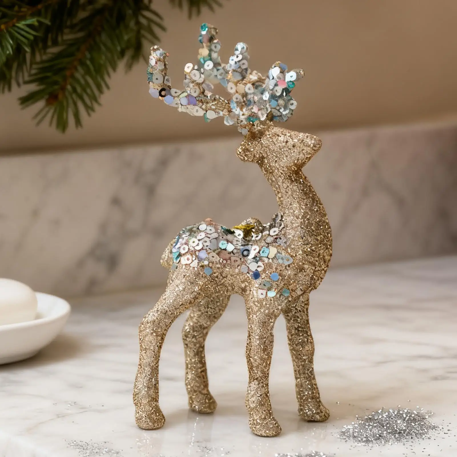 Reindeer Figurines Glitter Flocked Christmas Decoration Desktop Holiday Sculpture for Collectors Photography Home Living Room