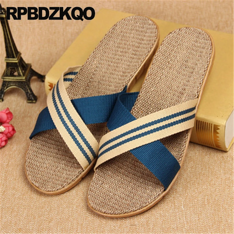 Braided Stripe Woven Flats Shoes Linen Straw Rope Men Open Toe Slippers Large Size Sandals Hemp Espadrilles Slides Multi Colored