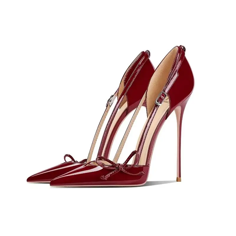 New pointed, slim and high-heeled shoes with women's chain design for banquets, wine red, sexy and non tiring single shoes