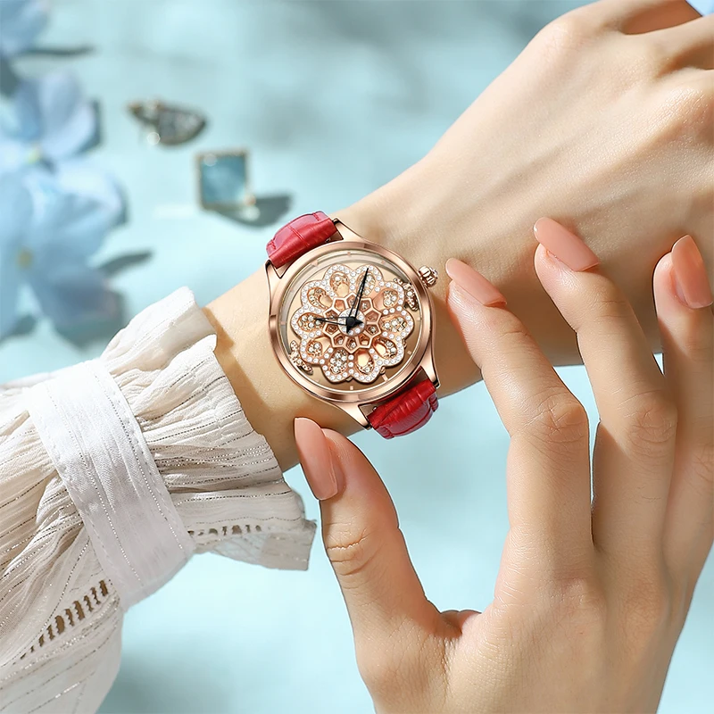 LIGE Elegant Rotating Quartz Leather Ladies Watch Luxury Colorful Crystal Sparkling Casual Shiny Women Watches Reloj De Mujer