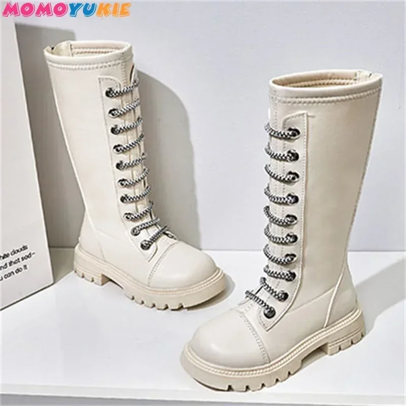 Children Girls Purity Lace Up Long Boots 2023 Autumn Winter Korean Edition New Versatile High Microfiber Princess Cotton Boots