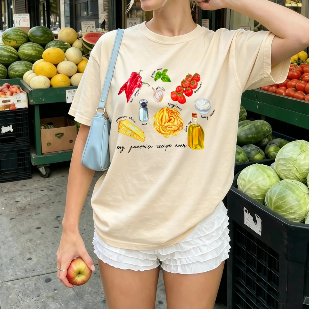 Women Tshirt Italian Pasta Recipe Ingredients Watercolor Print Chili Basil Garlic Tomato Cheese Olive Oil Cotton Tee Food Recipe