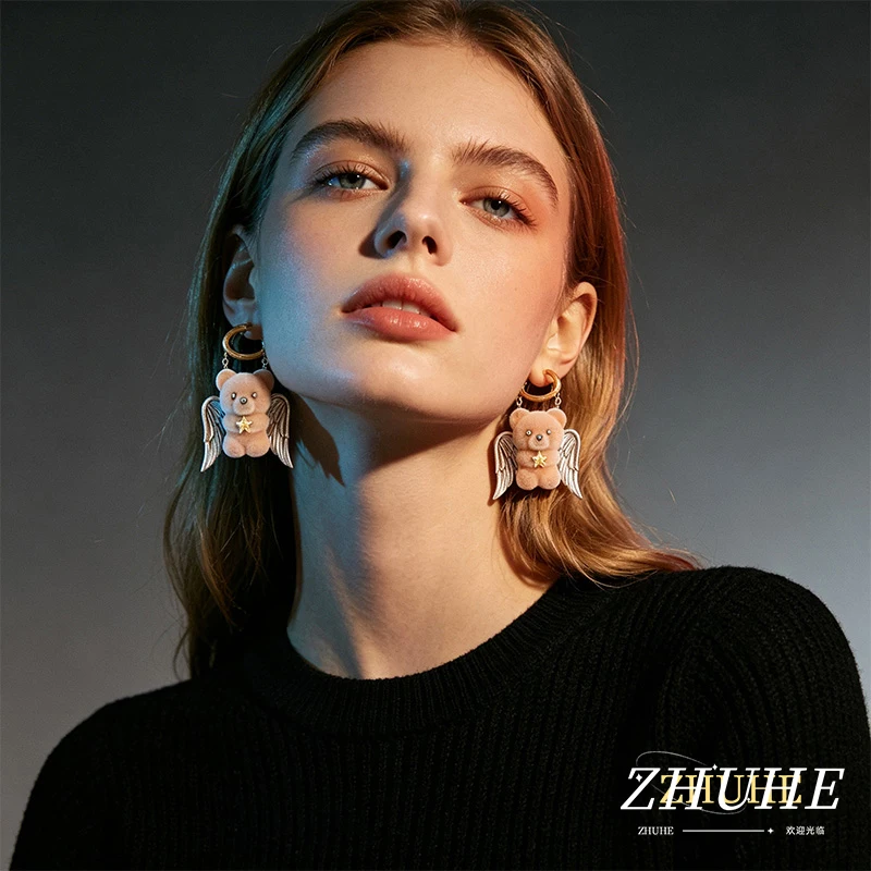 Jewelry Accessories of Copper Alloy Material, Winged Flock Bear Dangle Earrings for Women Men, Unique Decor for Photo Shooting a