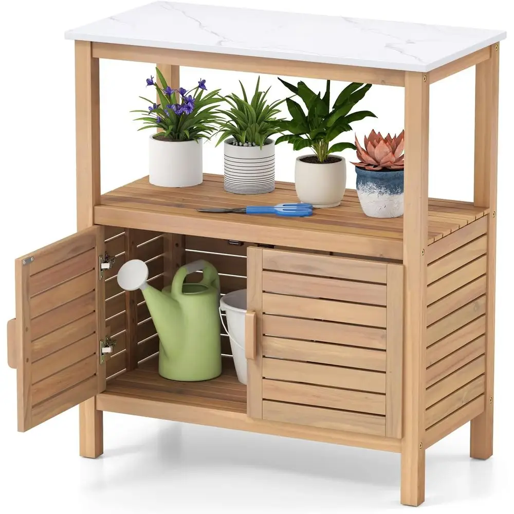 

Скамейка из дерева акации со шкафом для хранения вещей, столешницей из искусственного мрамора и открытыми полками для садоводства