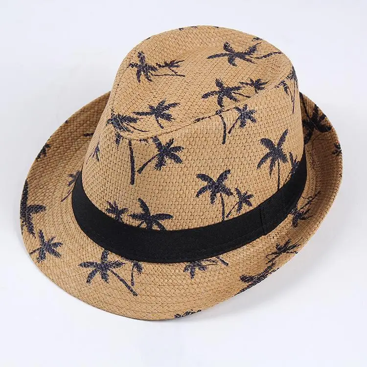 Sunshade Straw Hat Couple Breathable Mesh Beach Sun Hat Coconut Tree Pattern Men\'s and Women\'s Sunscreen Korean Jazz Gift Hat